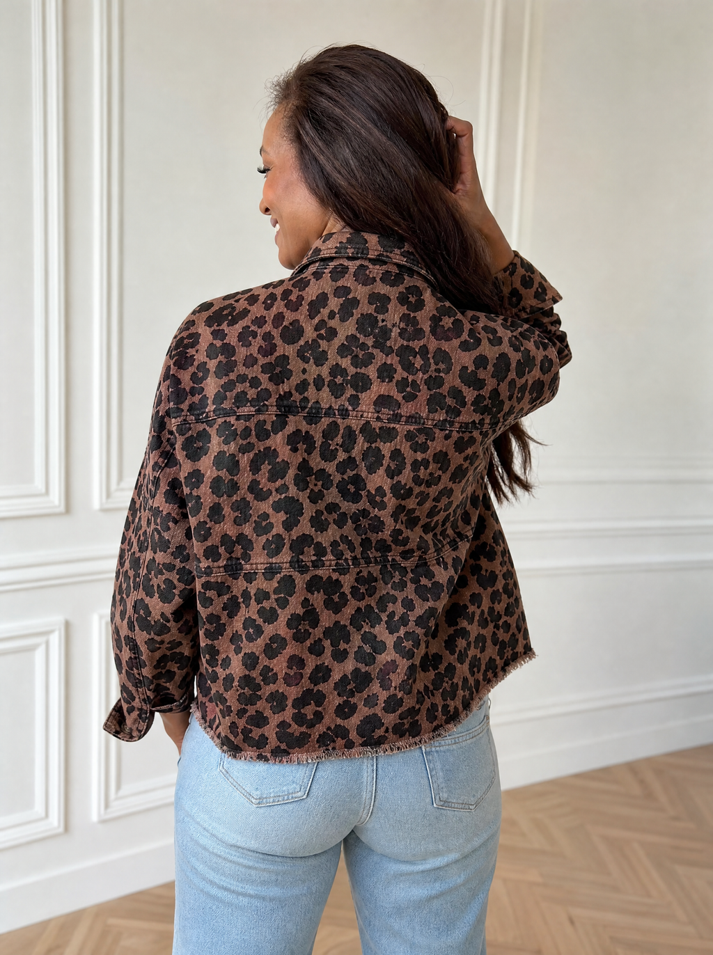 Leopard Print Raw Hem Denim Jacket - back