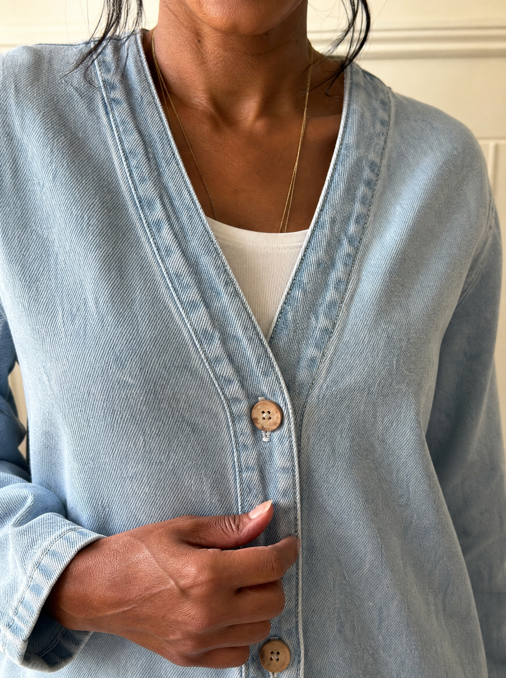 V-Neck Button-Down Denim Jacket - detail