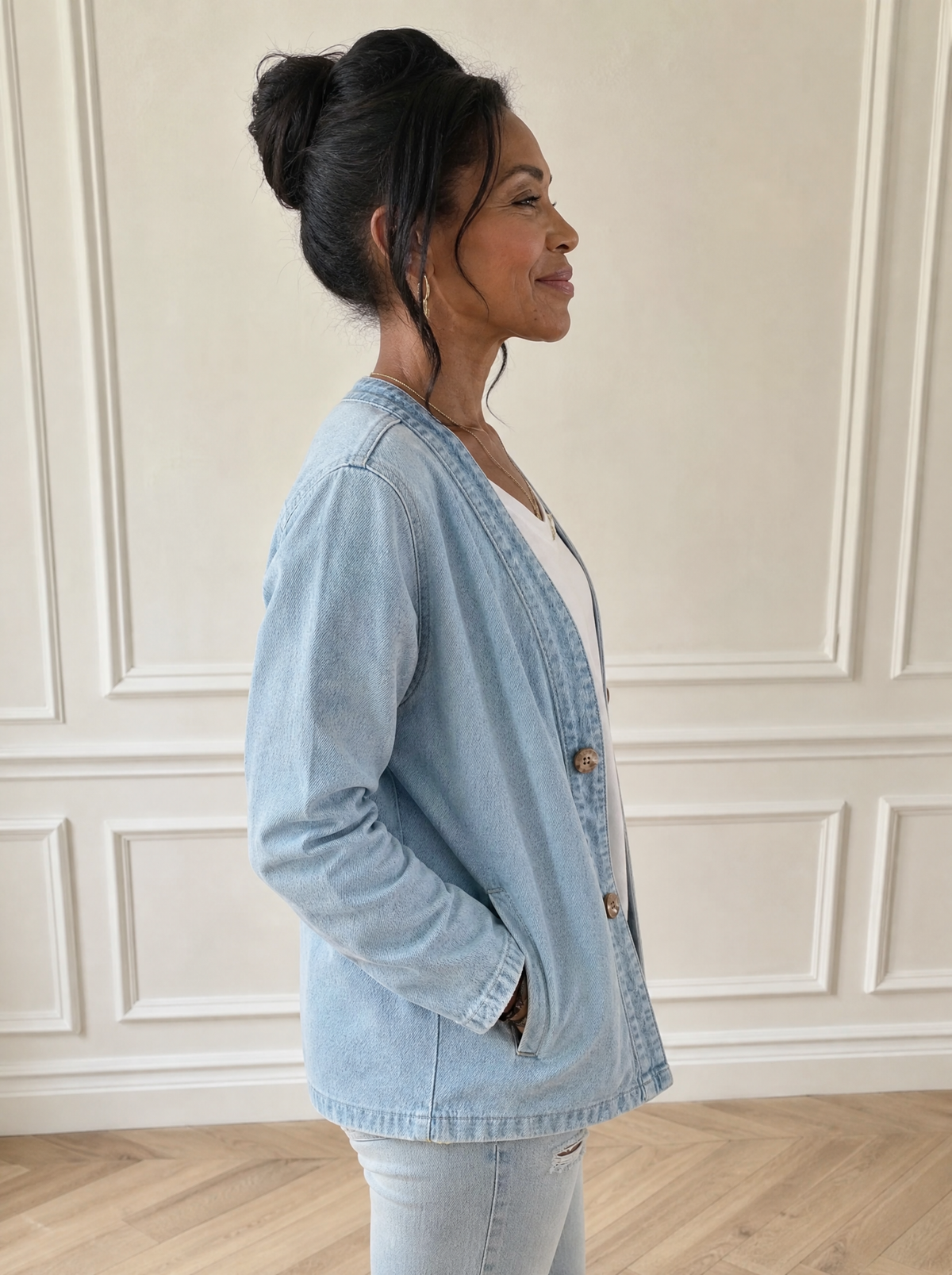 V-Neck Button-Down Denim Jacket - side