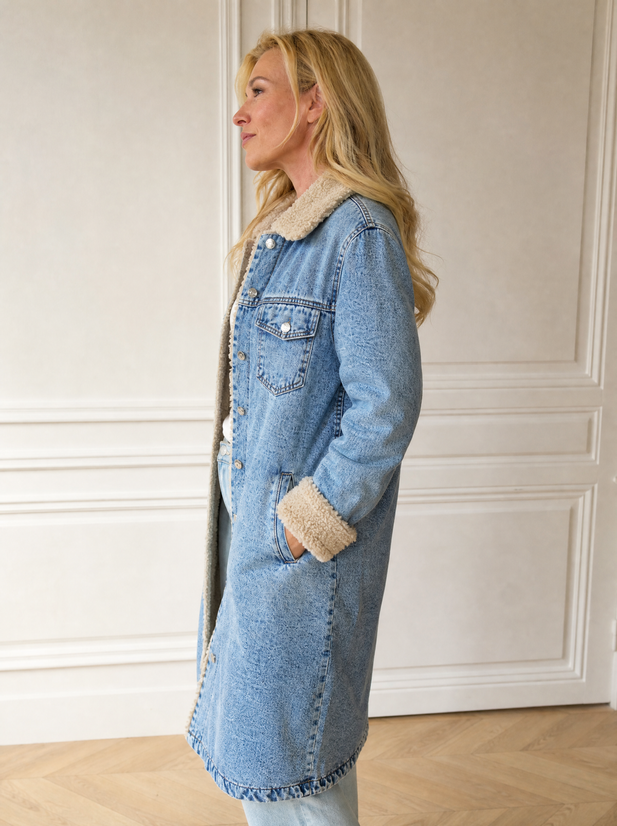 Sherpa Lined Longline Denim Jacket - side