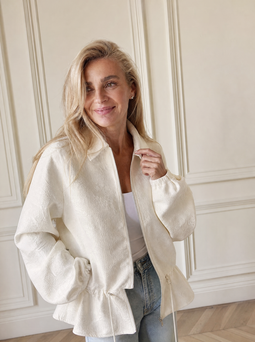 Jacquard Zip-Up Peplum Jacket - front