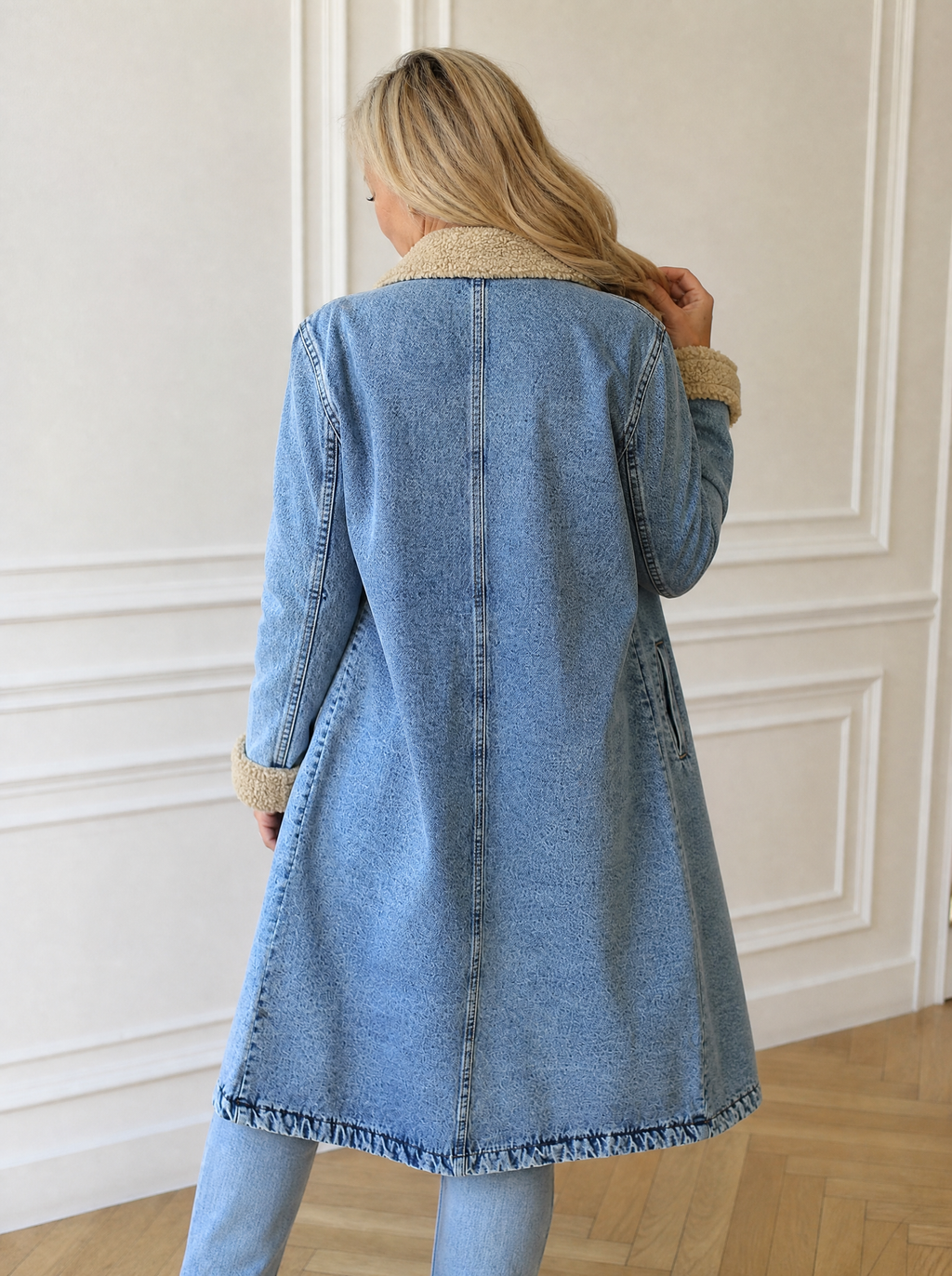 Sherpa Lined Longline Denim Jacket - back
