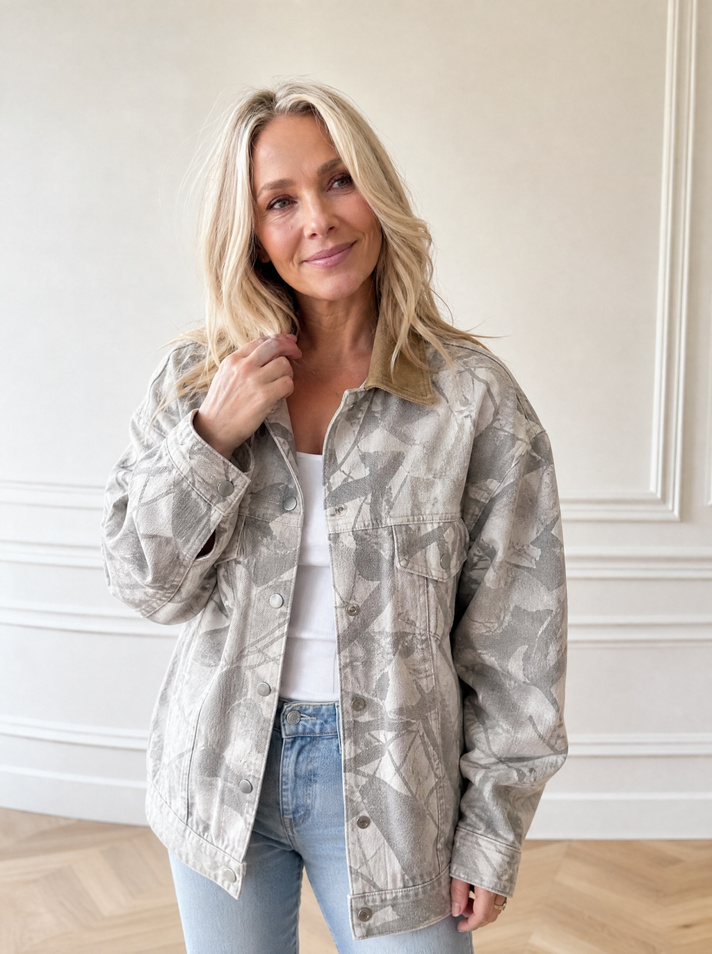 Printed Button Up Denim Jacket - front