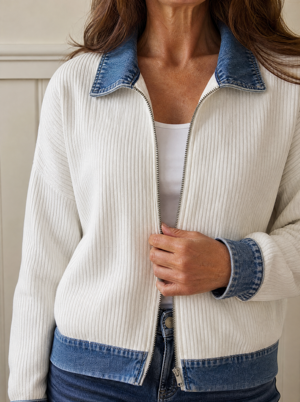 Contrast Denim Collar Ribbed Knit Jacket - detail