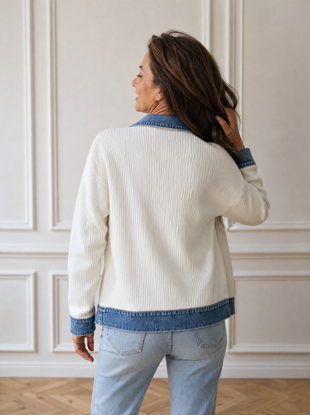 Contrast Denim Collar Ribbed Knit Jacket - back