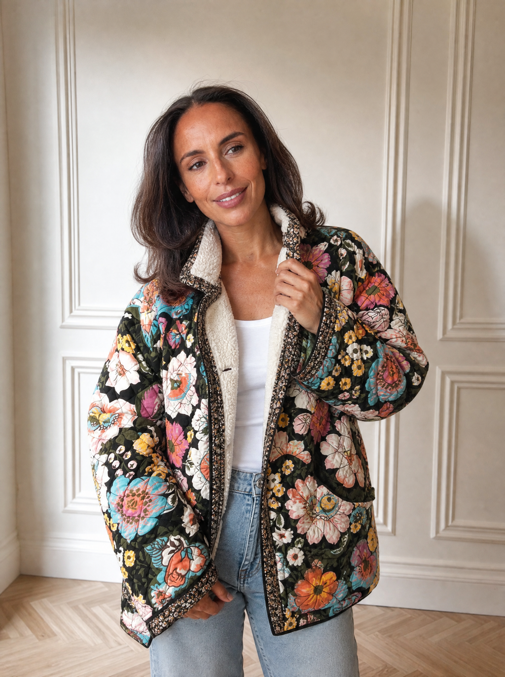 Full Size Floral Print Quilted Sherpa-Lined Jacket Plus Size - front