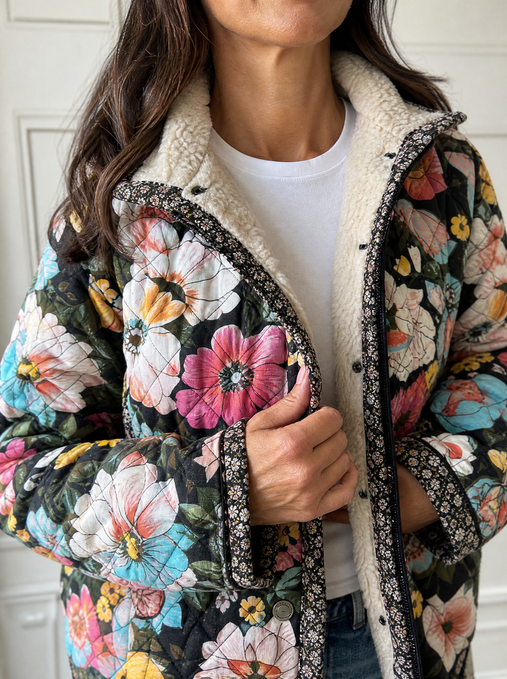 Full Size Floral Print Quilted Sherpa-Lined Jacket Plus Size - detail
