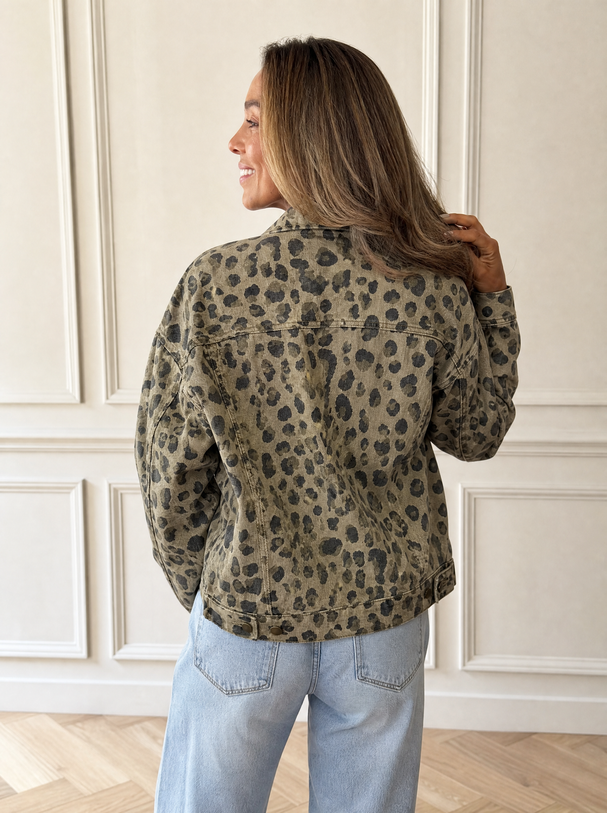 Leopard Print Seam Detail Button Down Denim Jacket - back