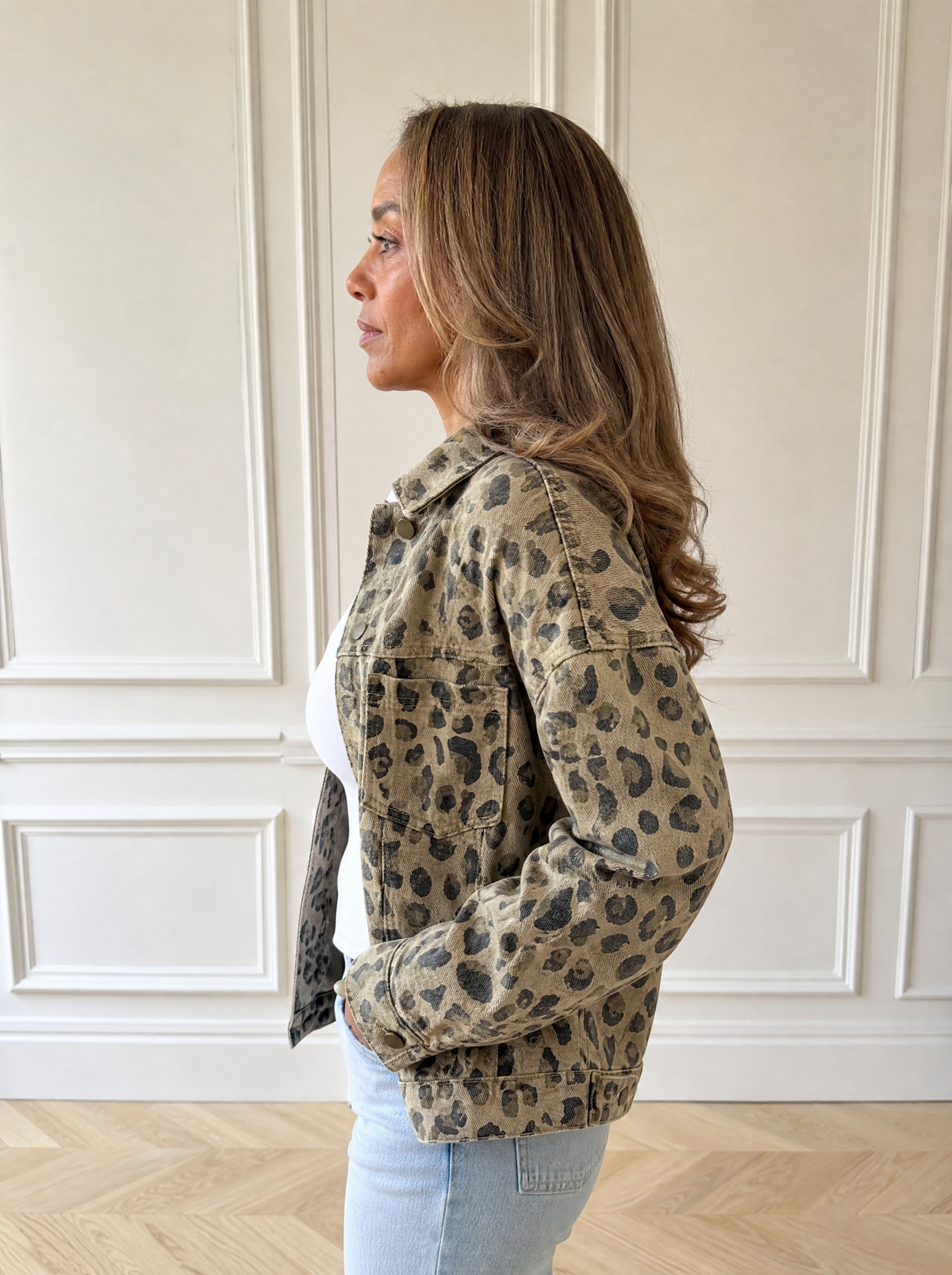 Leopard Print Seam Detail Button Down Denim Jacket - side