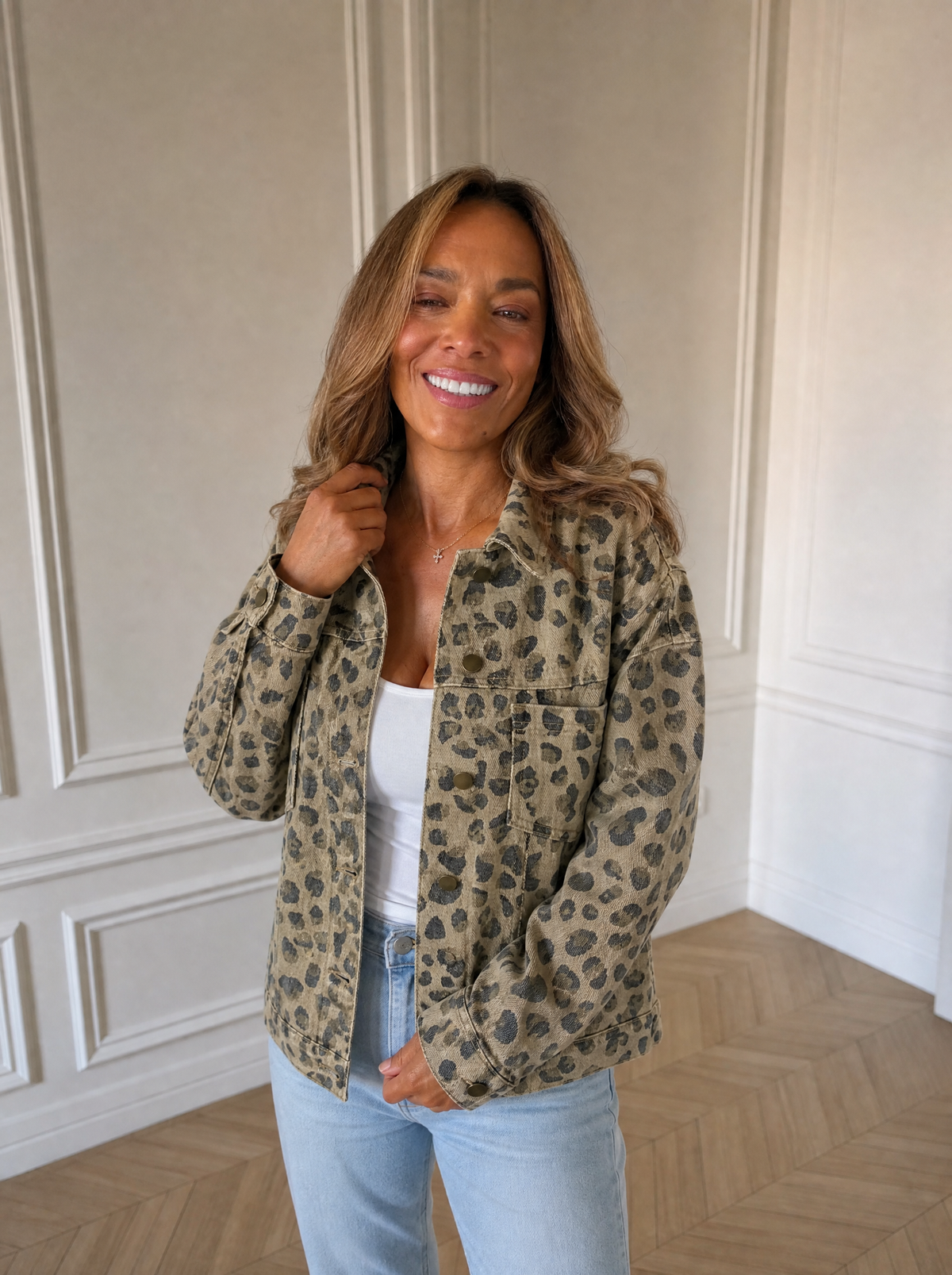 Leopard Print Seam Detail Button Down Denim Jacket - front