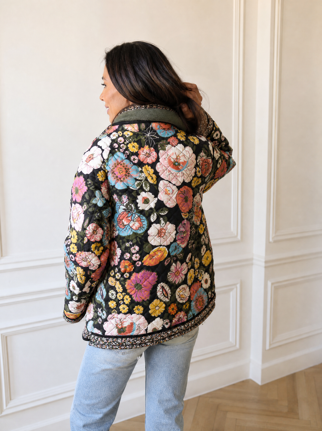 Full Size Floral Print Quilted Sherpa-Lined Jacket Plus Size - back