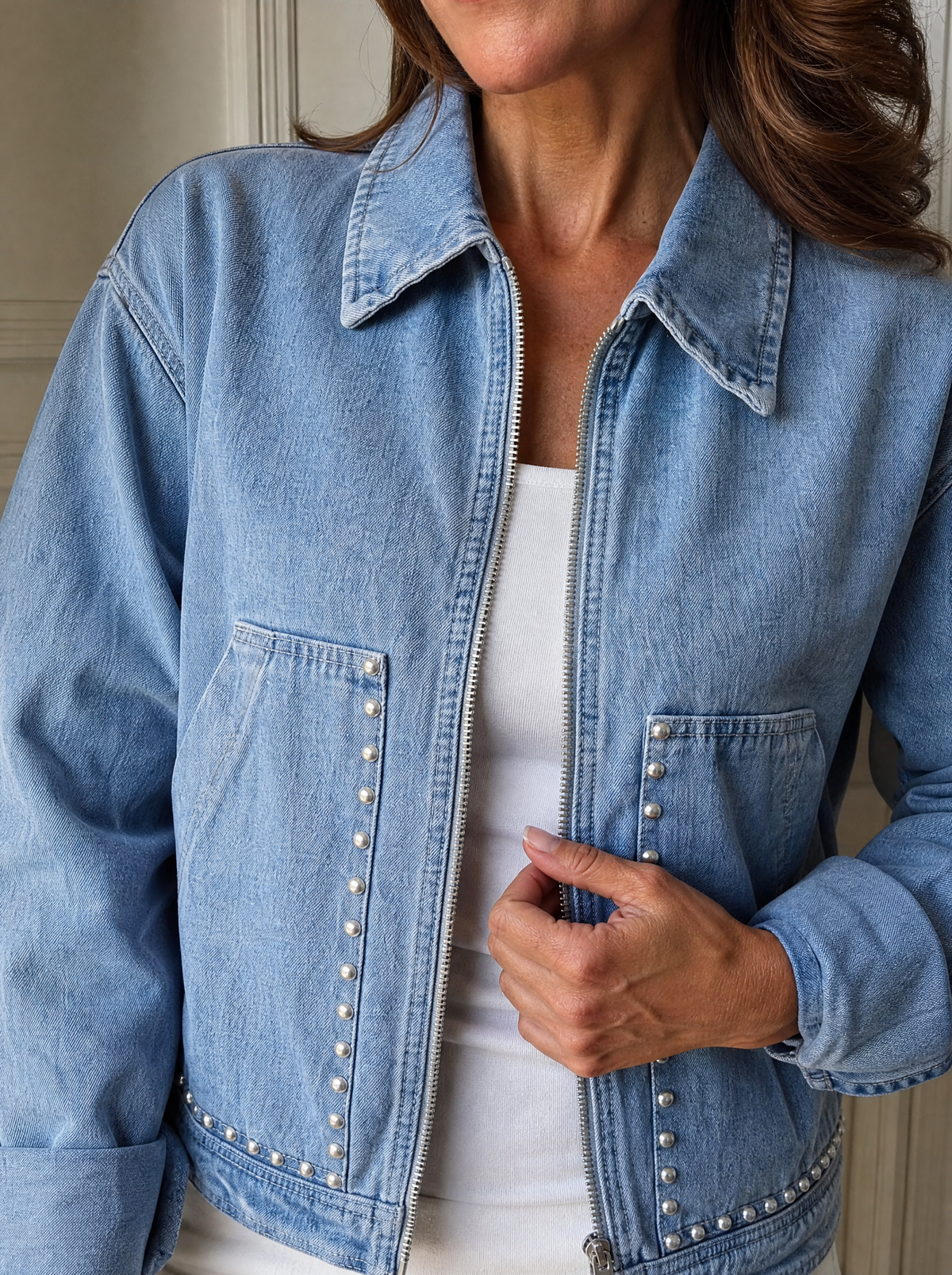 Studded Metal Zipper Rivet Pockets Long Sleeve Denim Jacket - detail