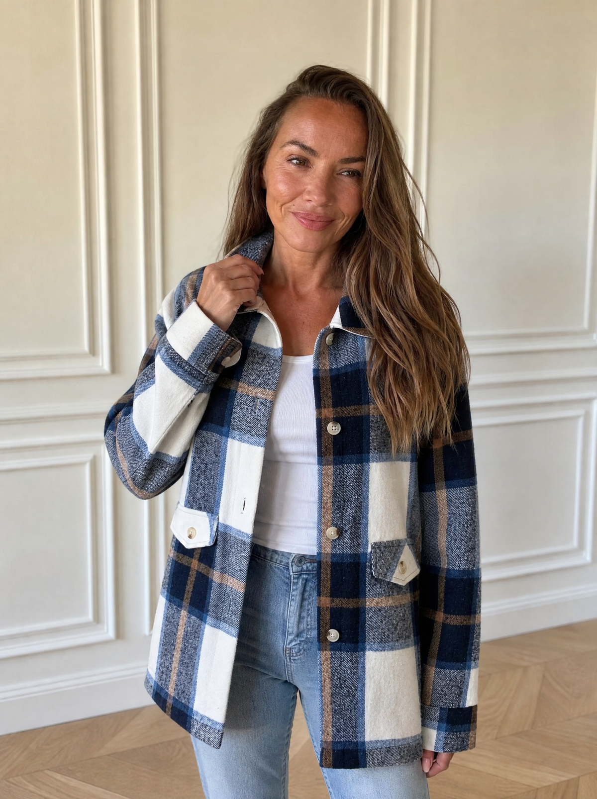 Plaid Button-Up Long Sleeve Shacket - front