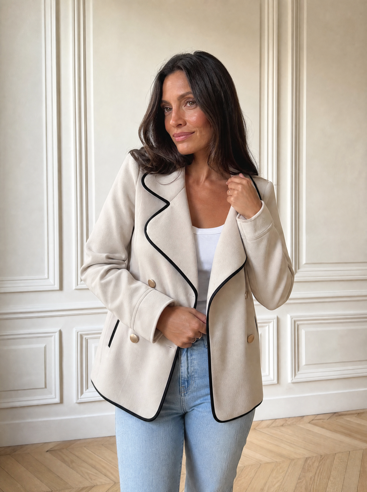 Contrast Trim Double-Breasted Jacket - front