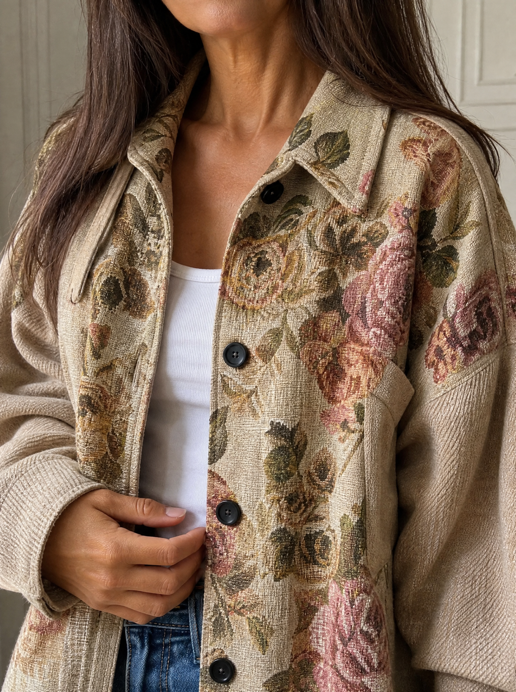Floral Button Up Long Sleeve Shacket - detail