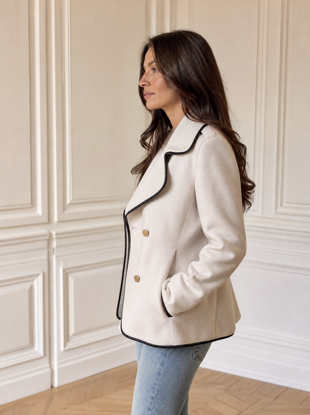 Contrast Trim Double-Breasted Jacket - side