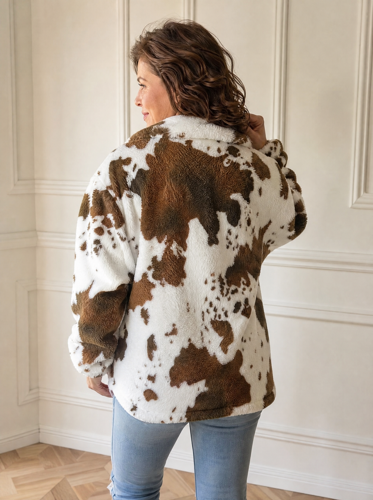 Cow Print Plush Hooded Outerwear - back
