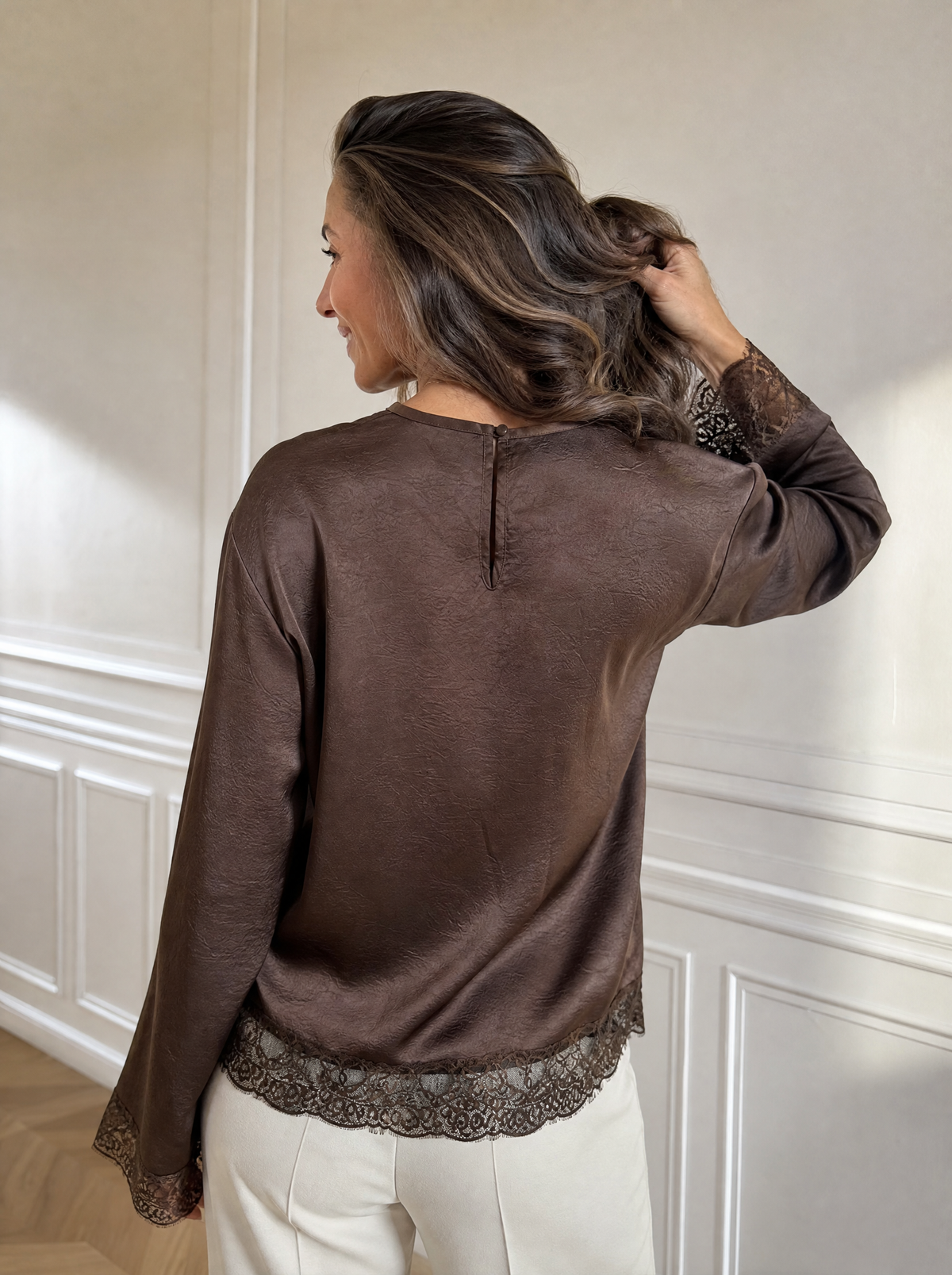 Lace Trim Flare Sleeves Satin Blouse - back
