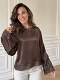 Lace Trim Flare Sleeves Satin Blouse - front