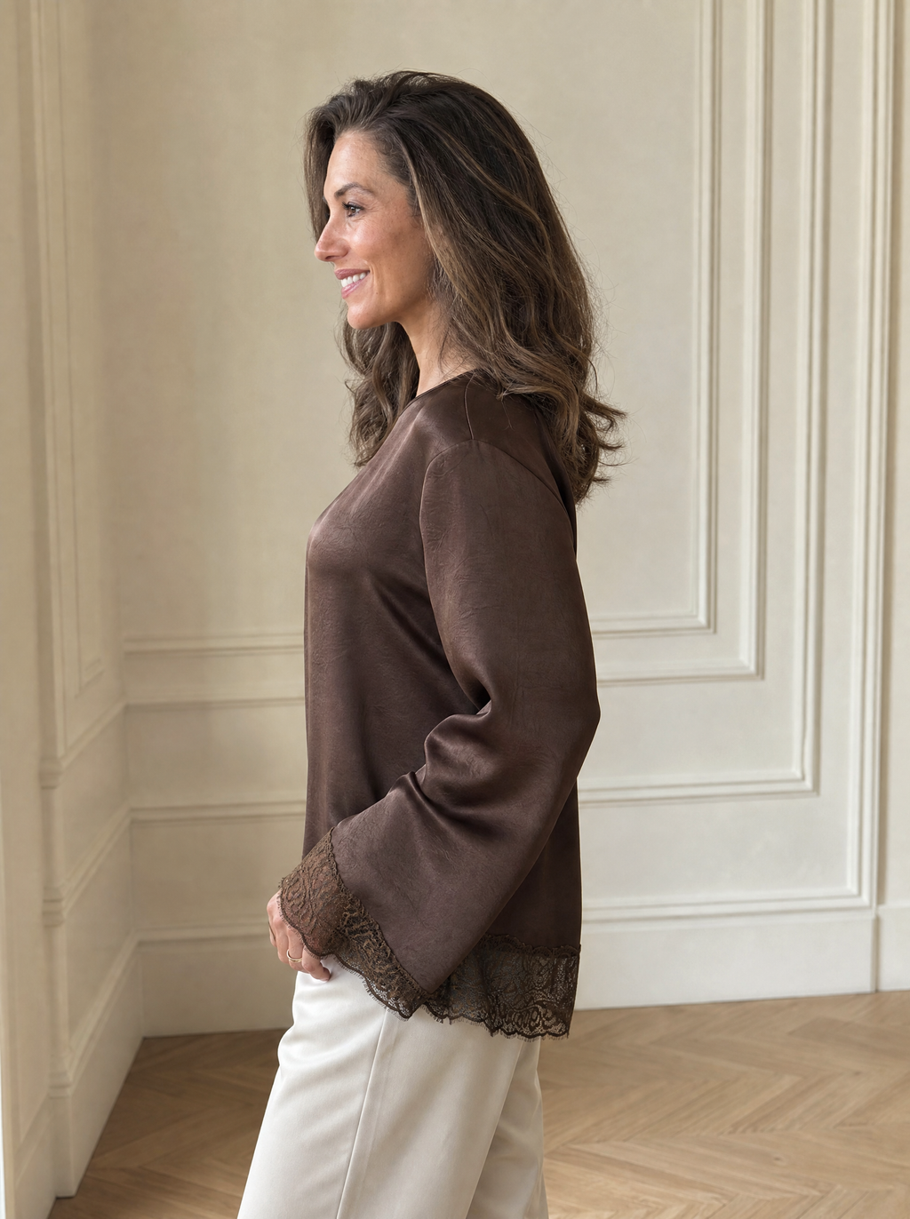 Lace Trim Flare Sleeves Satin Blouse - side