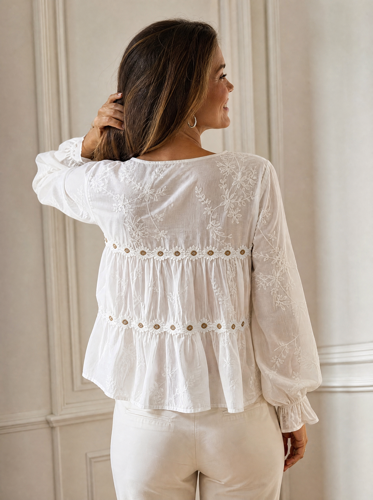 Floral V-Neck Flounce Sleeve Peplum Blouse - back