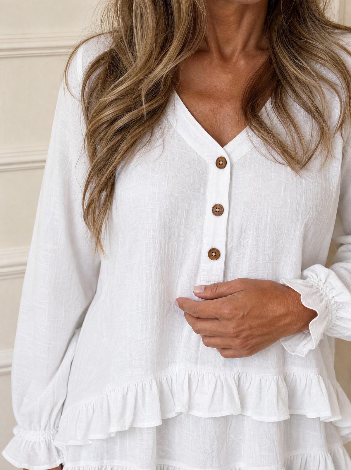 V-Neck Long Sleeve Button Detail Ruffled Hem Blouse - detail