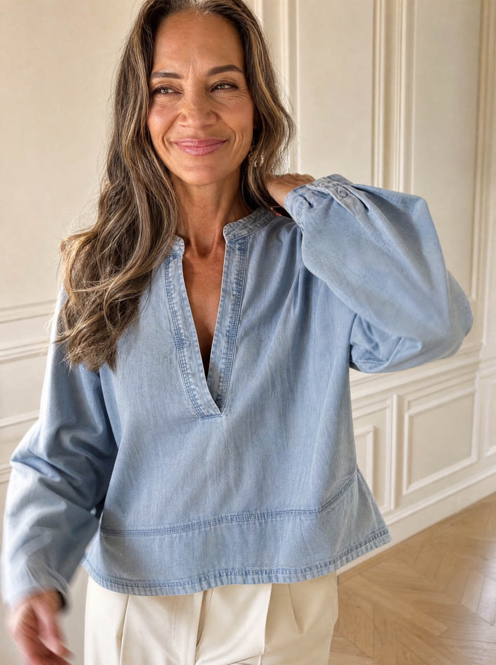 Notched Dropped Shoulder Denim Top - front
