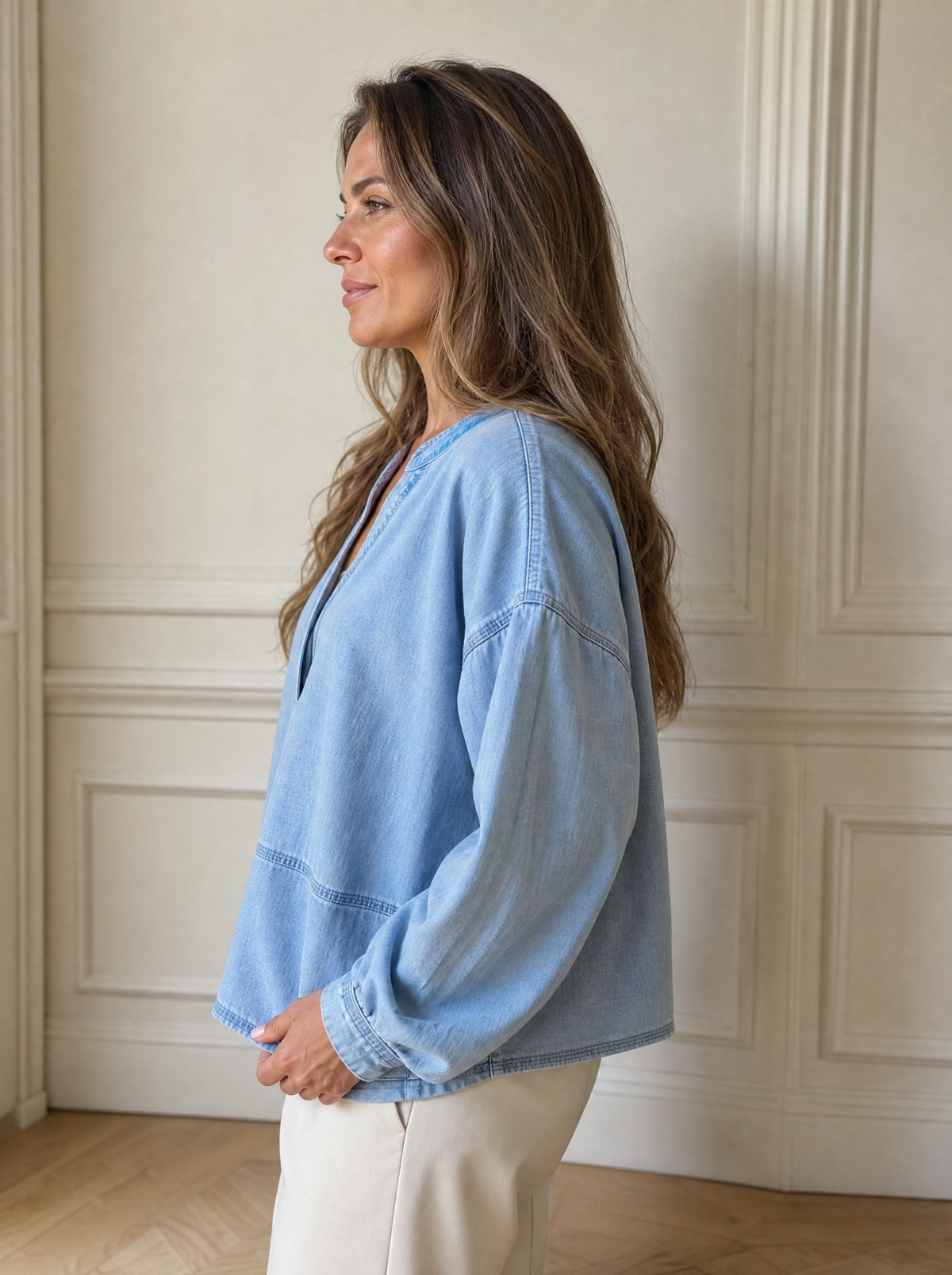 Notched Dropped Shoulder Denim Top - side