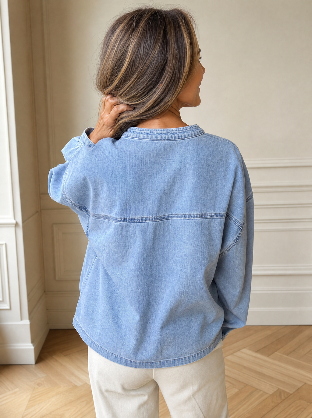 Notched Dropped Shoulder Denim Top - back