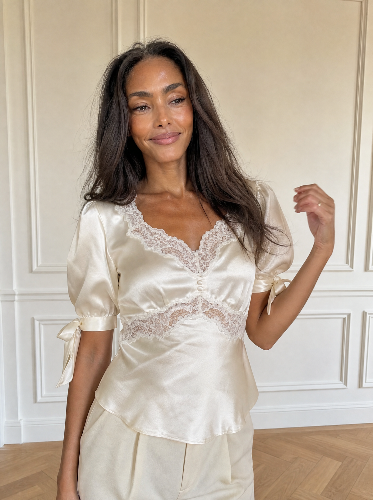 Satin Lace Trim and Tie-Sleeve Detail Blouse - front