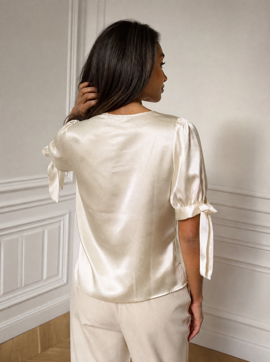 Satin Lace Trim and Tie-Sleeve Detail Blouse - back