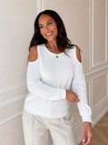 Solid Color Cold Shoulder Long Sleeve T-Shirt - front