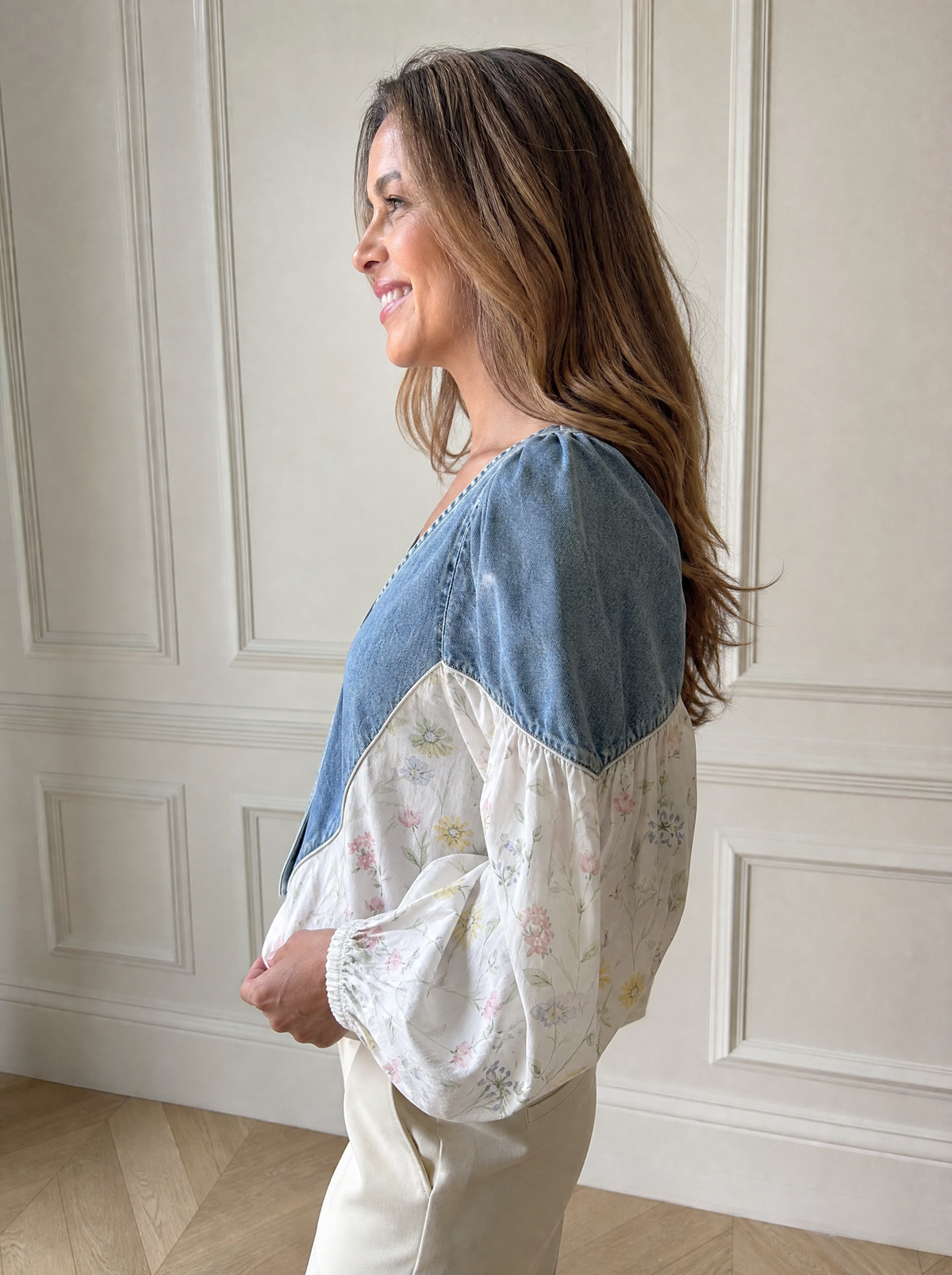 Full Size Denim Patchwork Floral Denim Top Plus Size - side