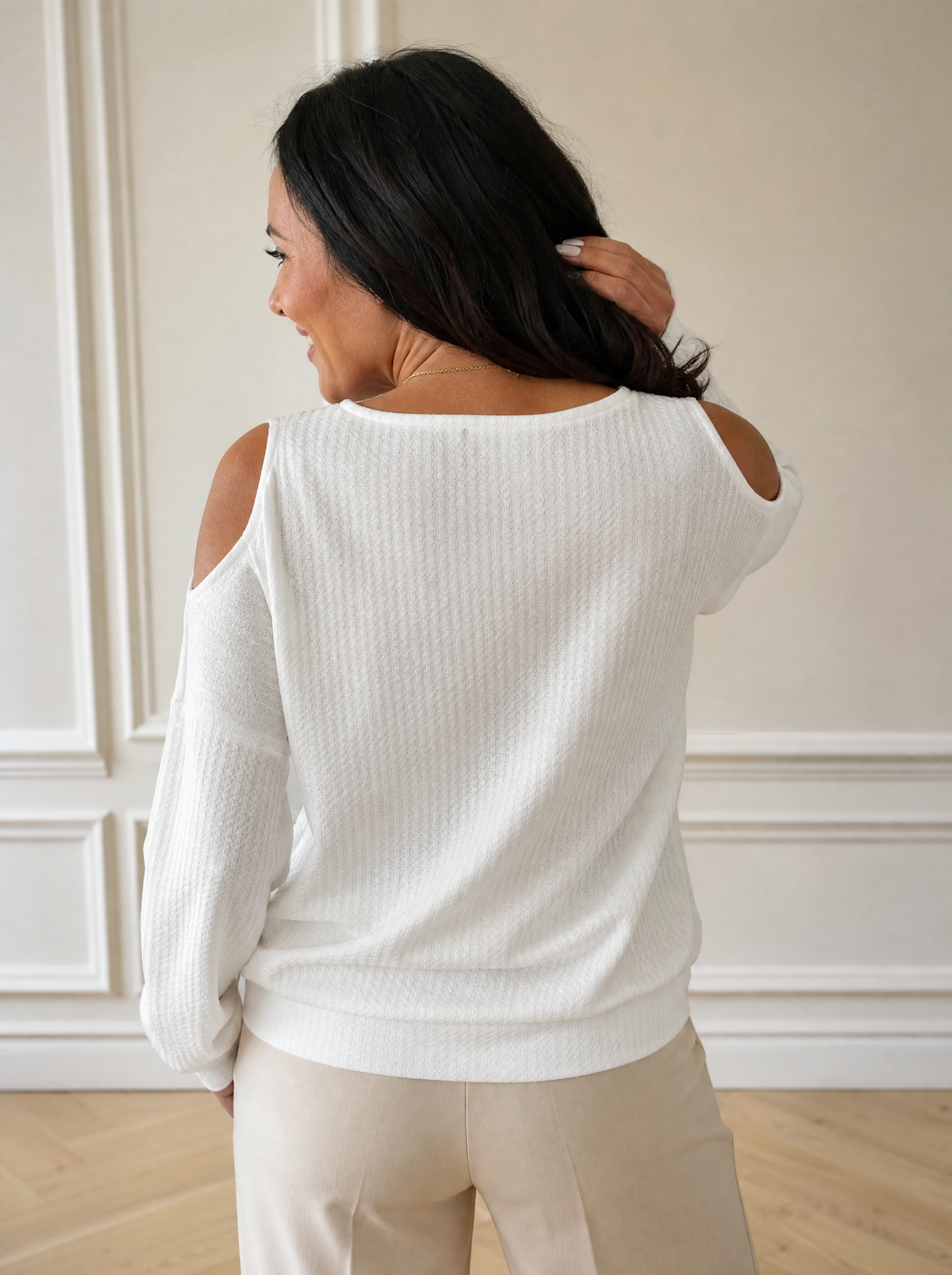 Solid Color Cold Shoulder Long Sleeve T-Shirt - back