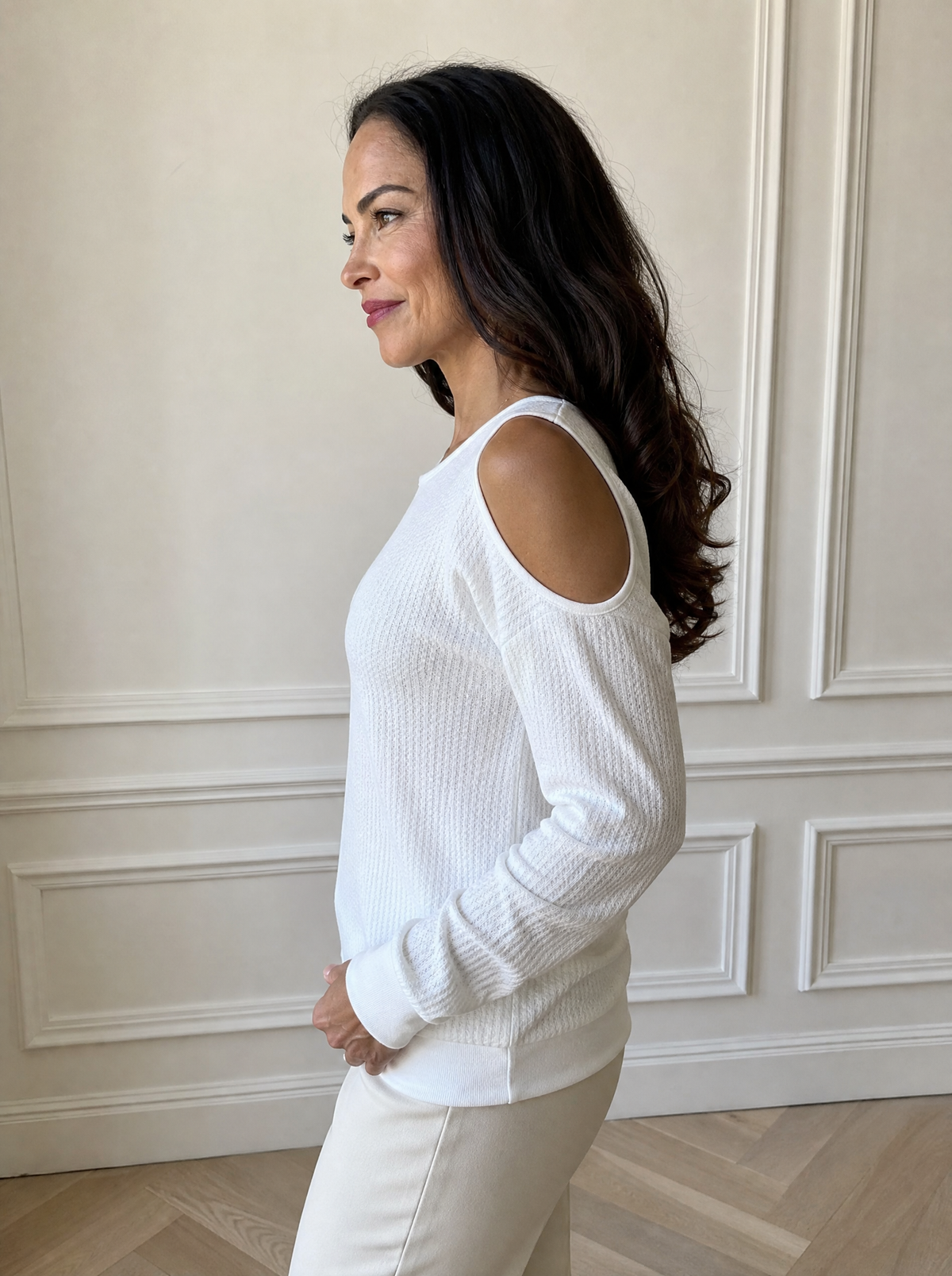 Solid Color Cold Shoulder Long Sleeve T-Shirt - side