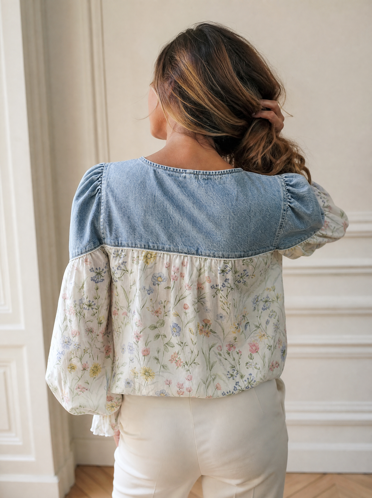 Full Size Denim Patchwork Floral Denim Top Plus Size - back
