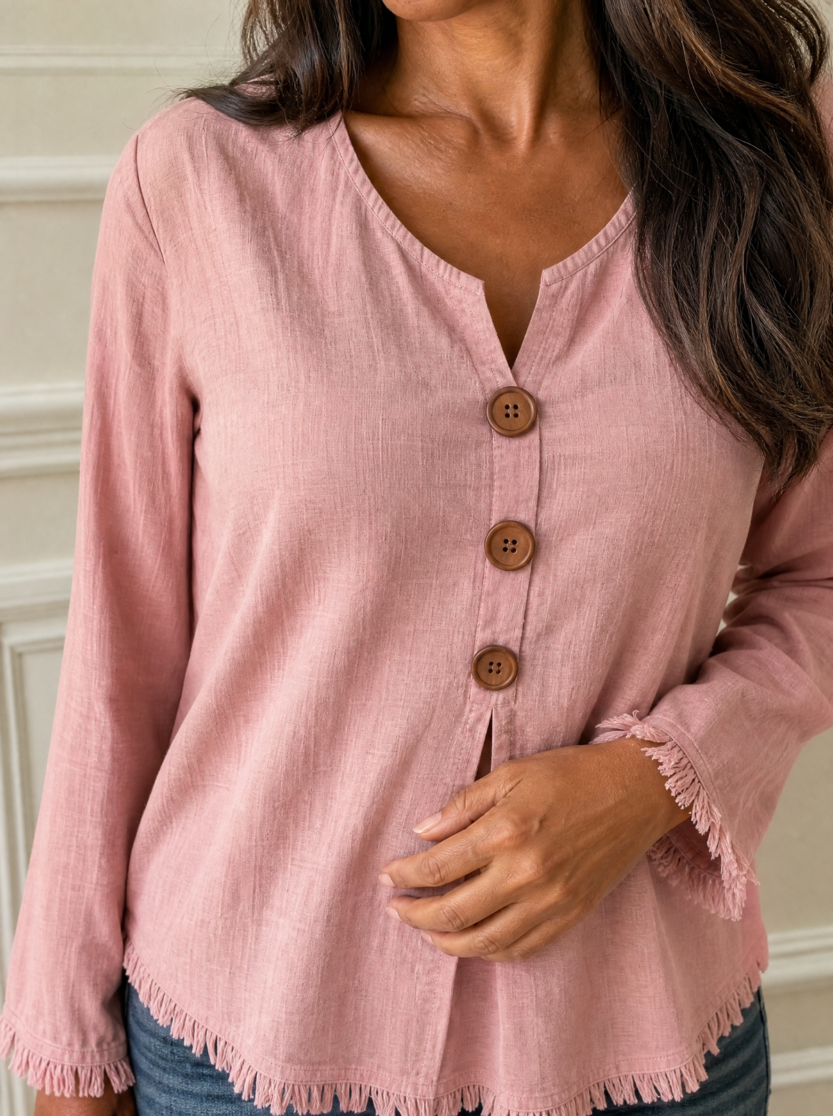 Full Size Casual Half-Button Blouse with Frayed Hem Detail Plus Size - detail