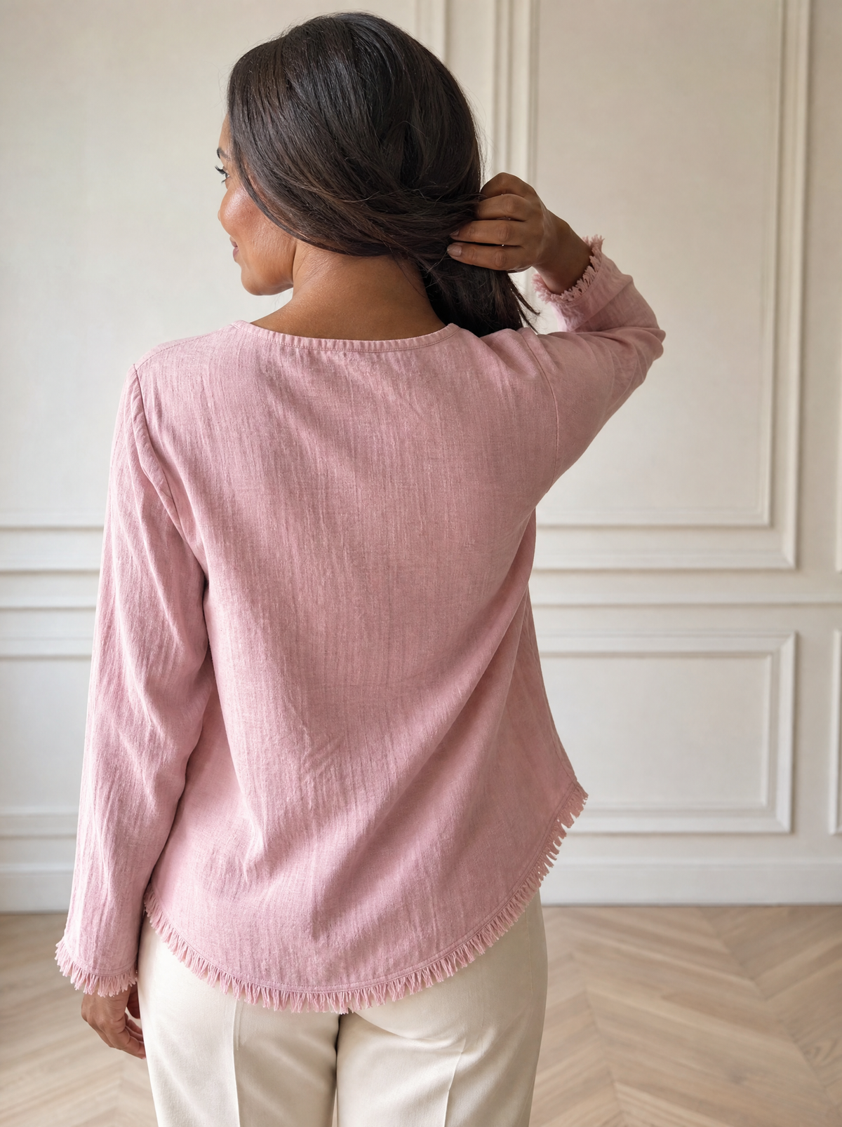 Full Size Casual Half-Button Blouse with Frayed Hem Detail Plus Size - back