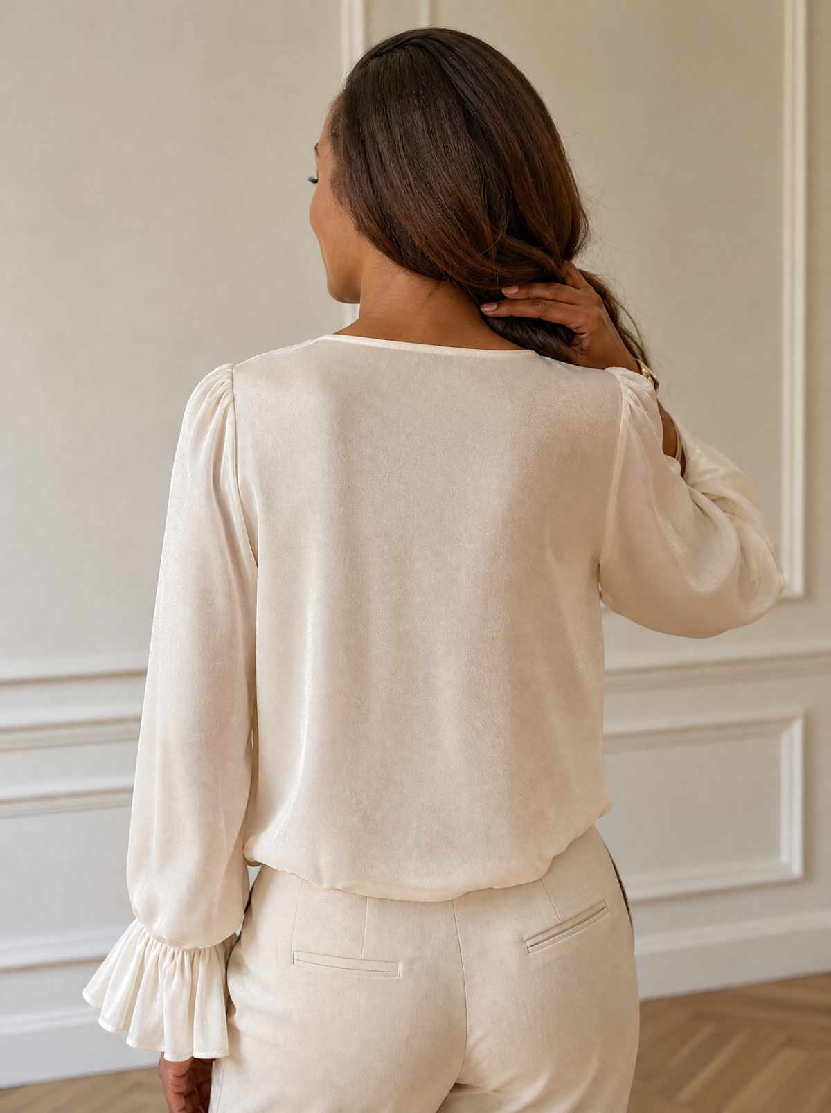 Full Size Ruched V-Neck Flounce Sleeve Blouse Plus Size - back
