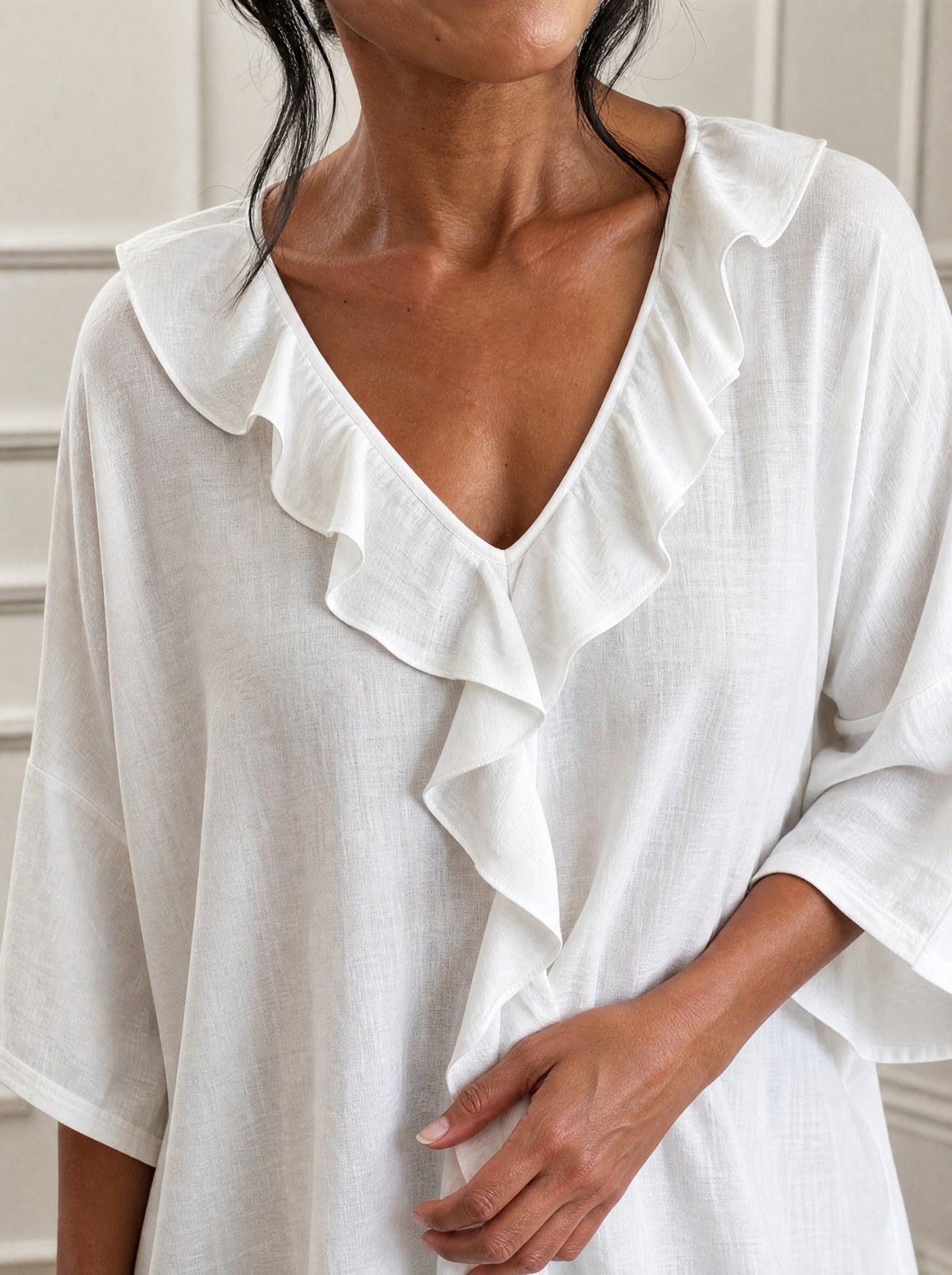 Full Size Ruffle V-Neck 3/4 Sleeve Blouse Plus Size - detail
