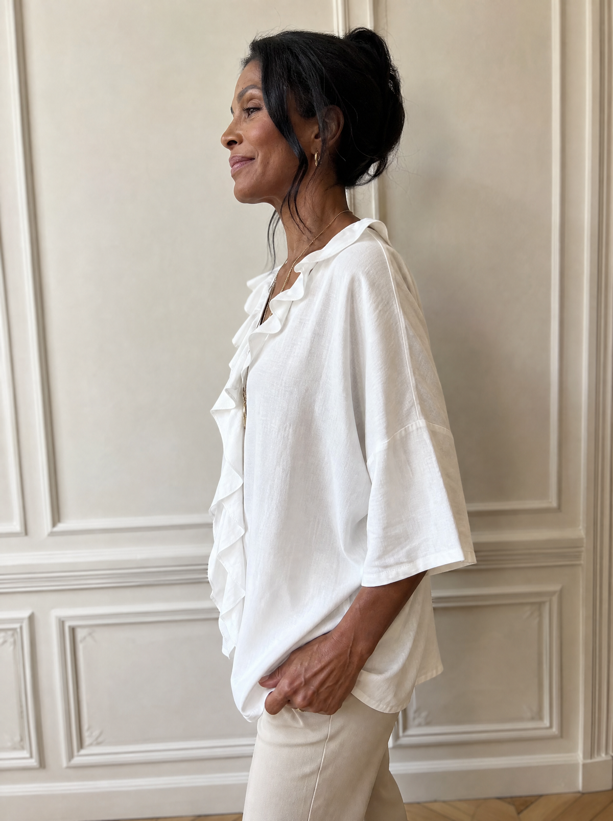 Full Size Ruffle V-Neck 3/4 Sleeve Blouse Plus Size - side