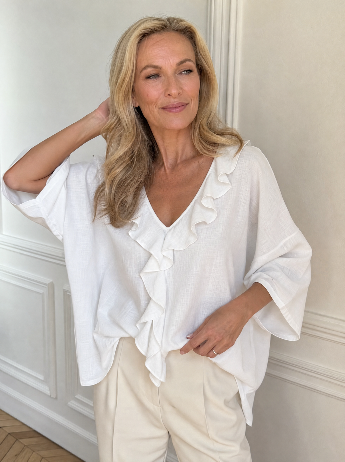 Full Size Ruffled V-Neck 3/4 Sleeve Blouse Plus Size - front
