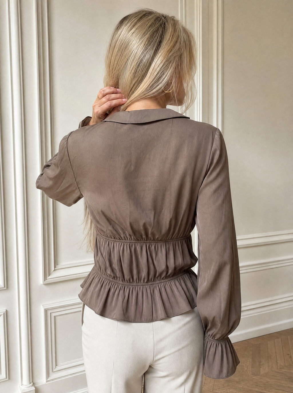 Ruffled V-Neck Long Sleeve Blouse - back