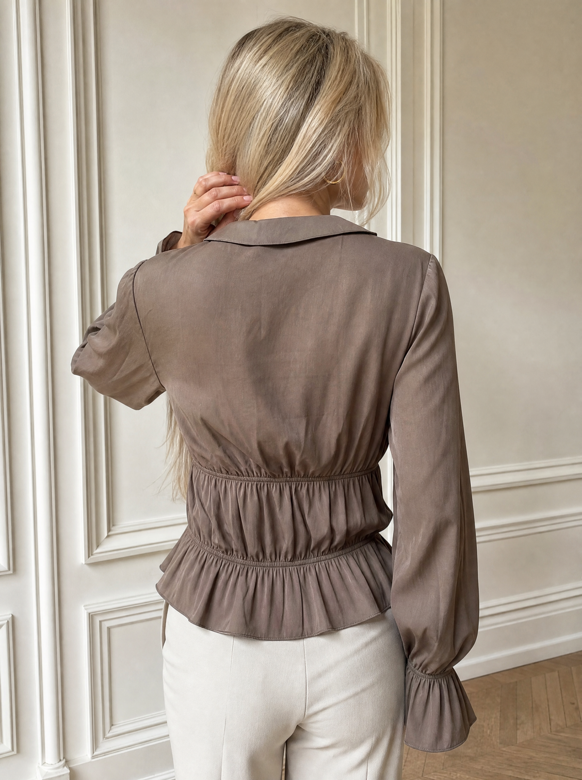 Ruffled V-Neck Long Sleeve Blouse - back