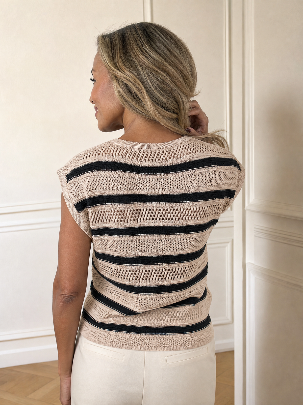 Striped Cap Sleeve Crochet Knit Top - back