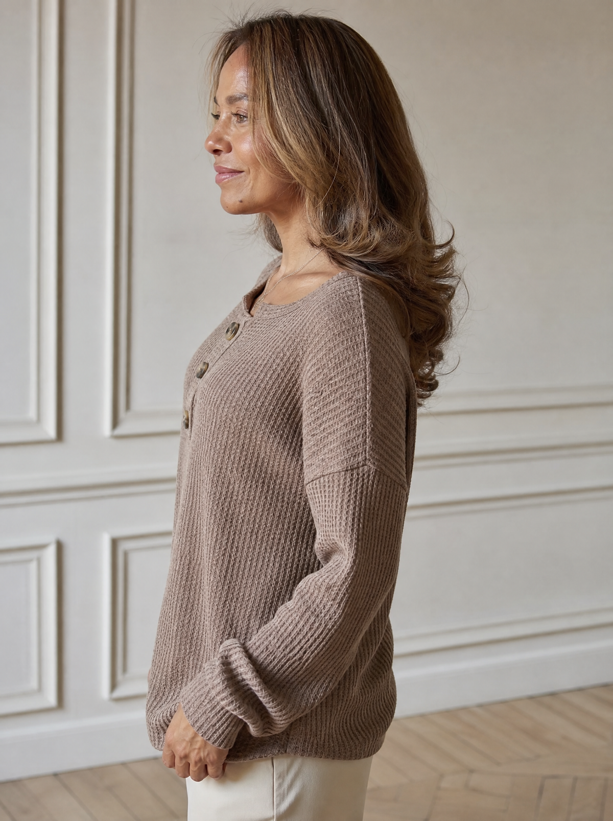 Button Detail Dropped Shoulder Knit Top - side