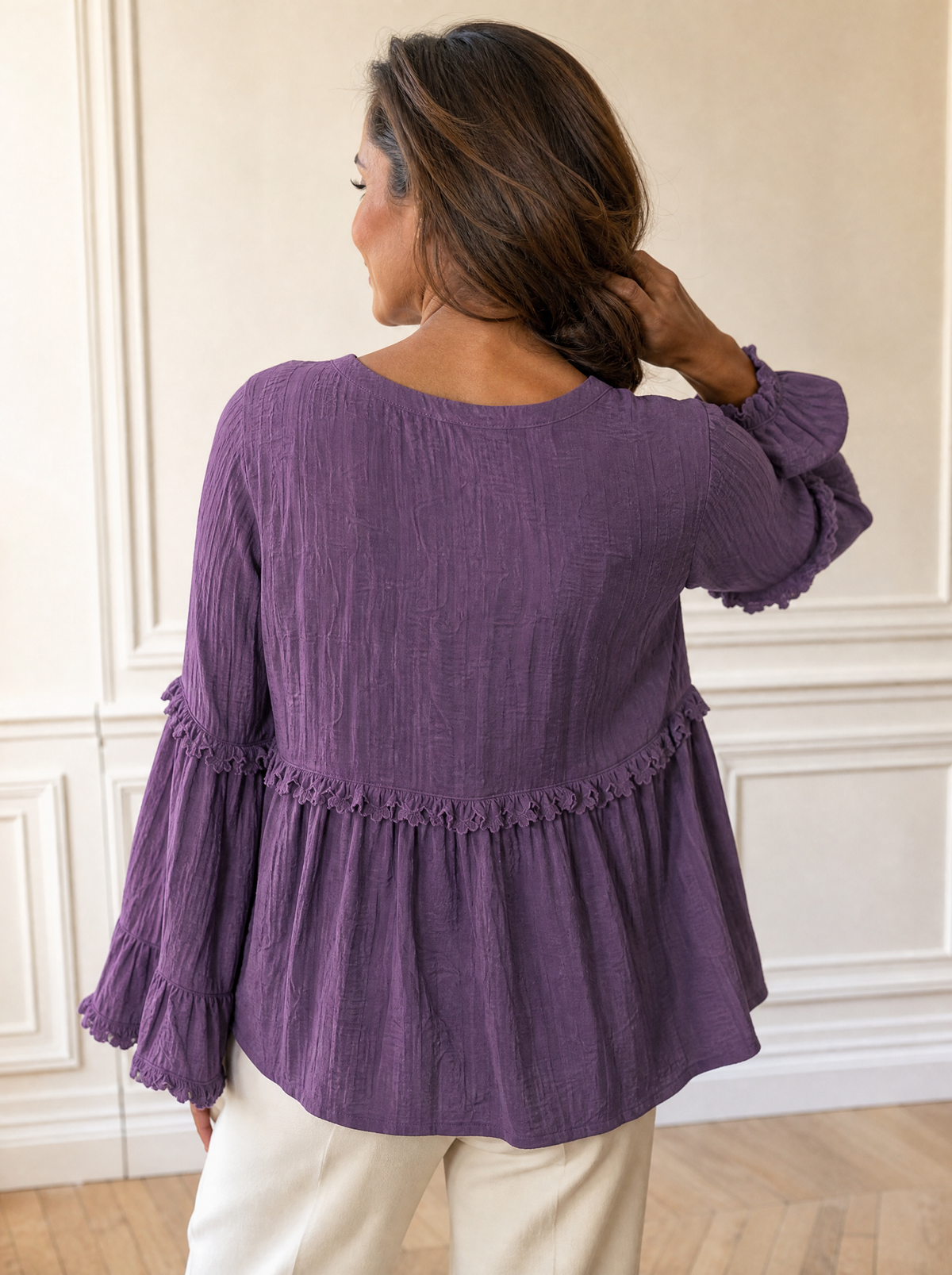 Full Size Fringe Trim Ruffle Sleeve Blouse Plus Size - back