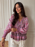 Floral Print Tie-Neck Blouse with Smocked Cuffs - front