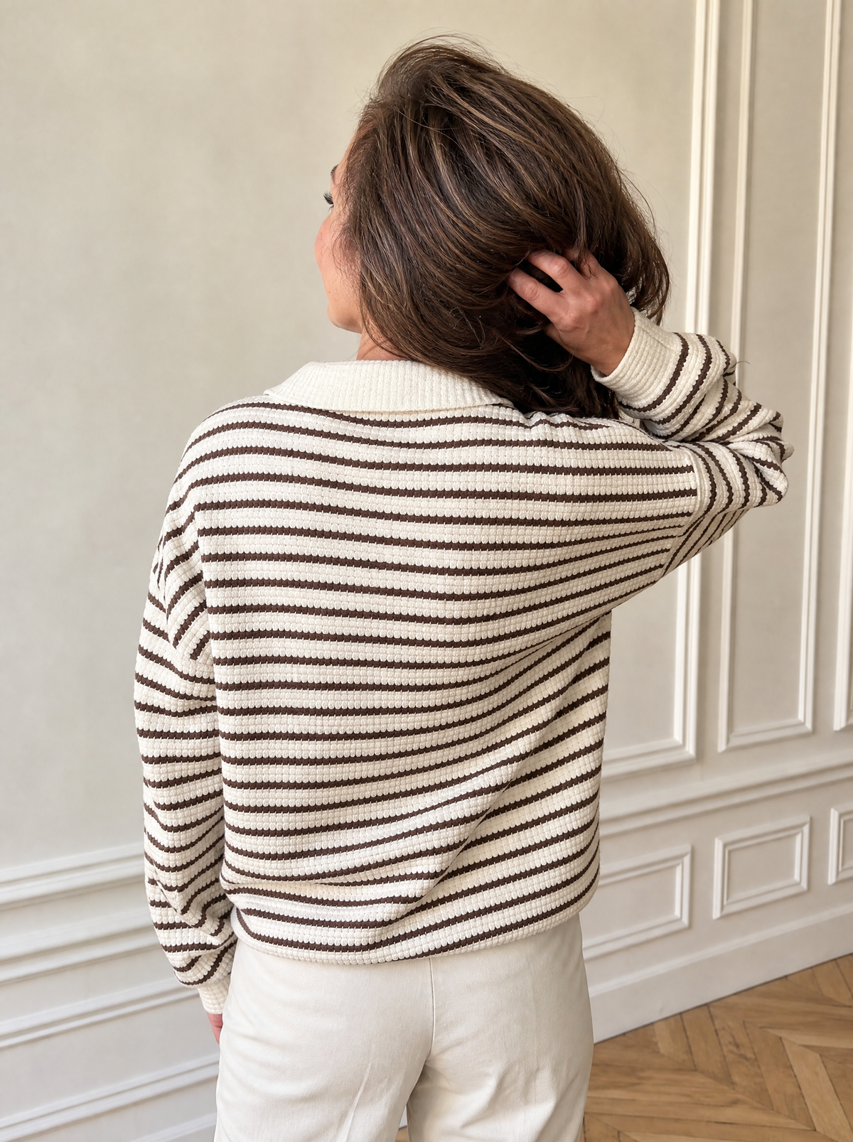 Striped Polo Collar Knit Sweatshirt - back