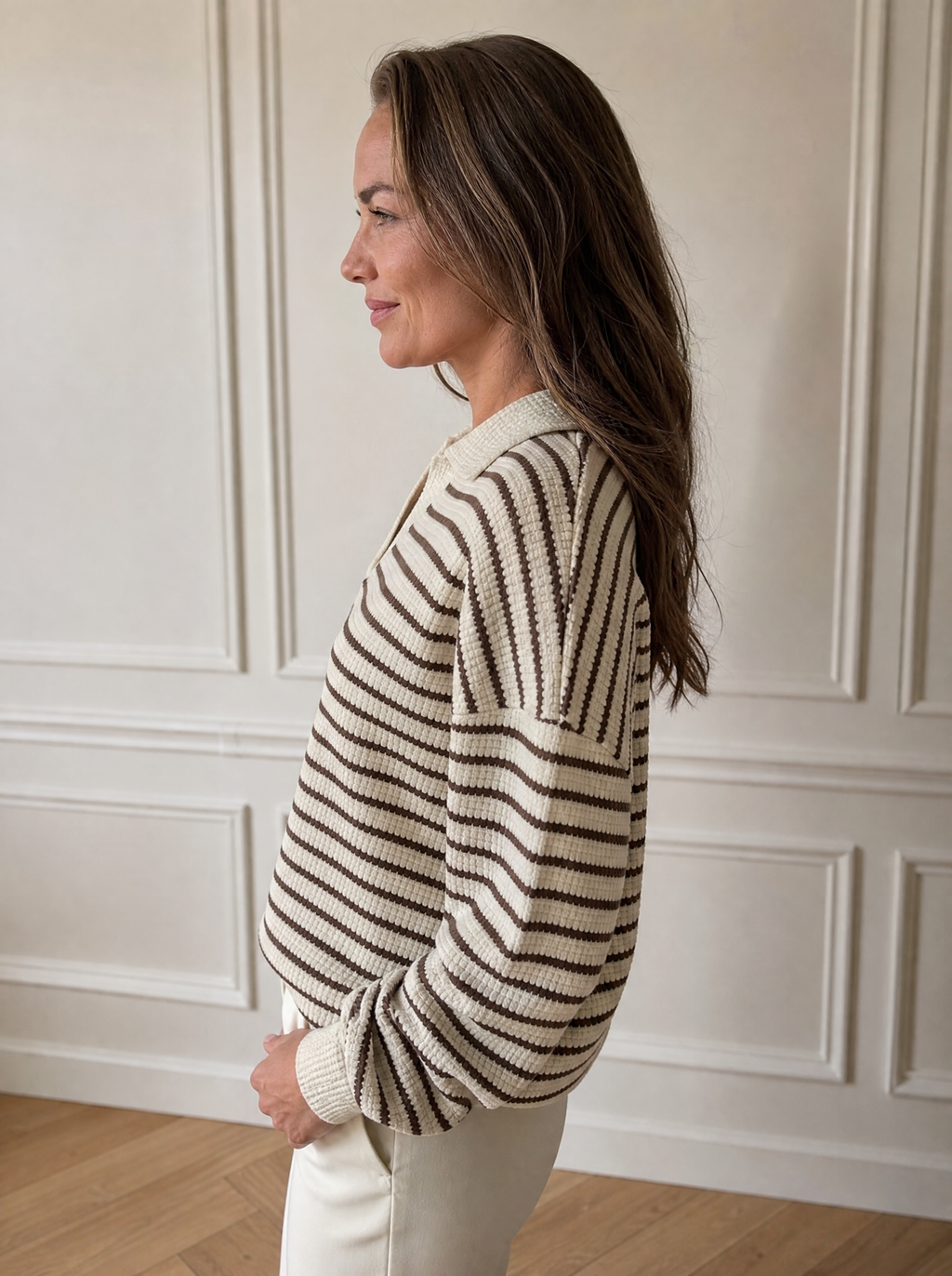 Striped Polo Collar Knit Sweatshirt - side
